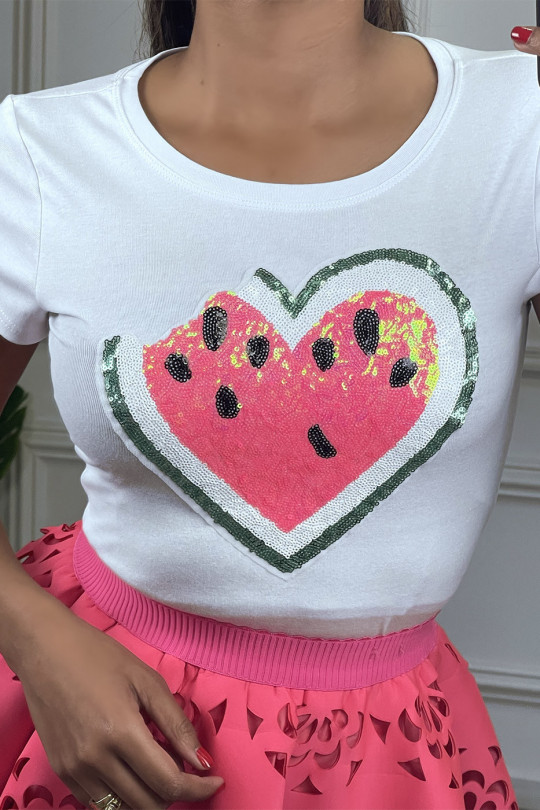T-shirt manches courtes blanc à motif coeur/fruit brillant - 2