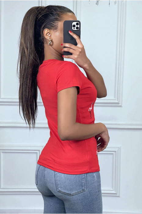Tee-shirt rouge à motif flamant rose - 1