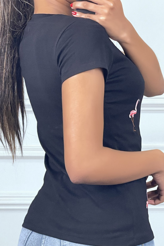 Black T-shirt with flamingo pattern - 1