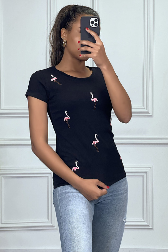 Black T-shirt with flamingo pattern - 2