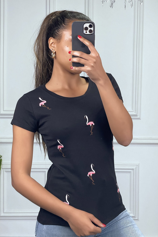 Black T-shirt with flamingo pattern - 3