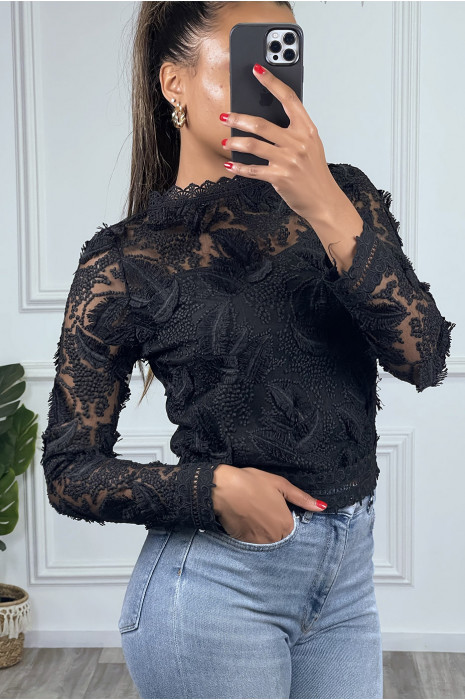 Haut noir à manches longues en tulle avec motifs brodés et doublure - 1