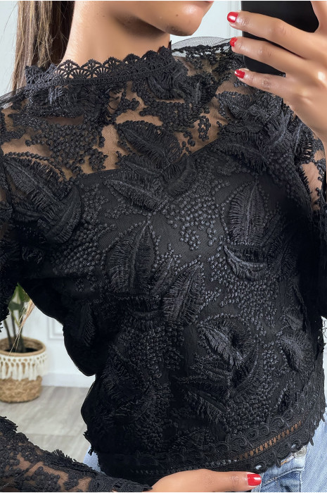 Haut noir à manches longues en tulle avec motifs brodés et doublure - 2