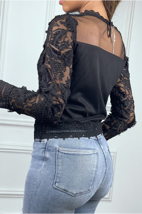 Haut noir à manches longues en tulle avec motifs brodés et doublure - 3