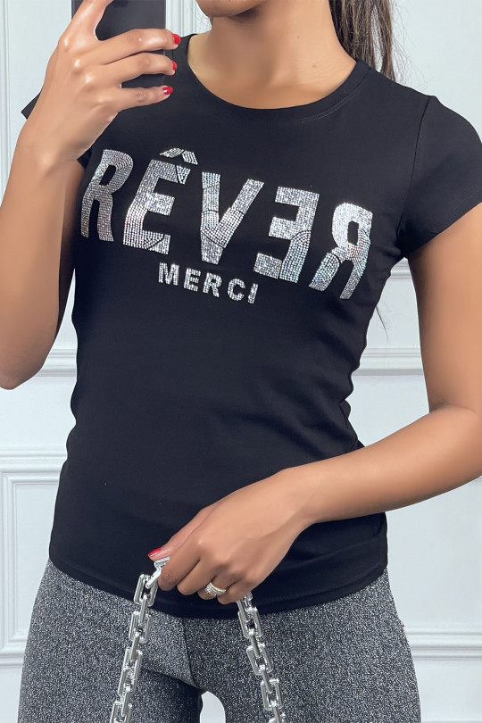 T-shirt col rond noir à inscription en strass "REVER" - 2