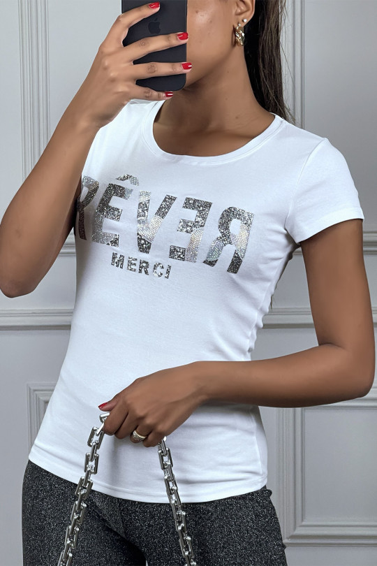 T-shirt col rond banc à inscription en strass "REVER" - 1