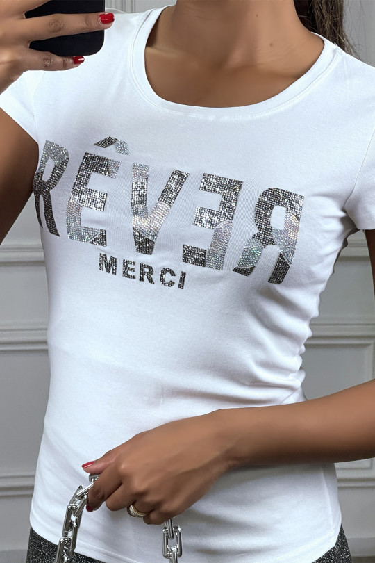 T-shirt col rond banc à inscription en strass "REVER" - 2