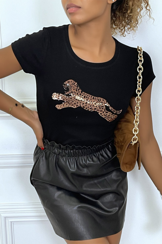 Tee-shirt noir avec panthère en sequins rose gold - 2