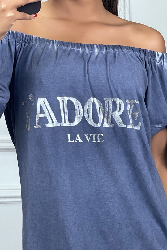Robe T-shirt col bardot bleu marine avec inscription argenté - 3