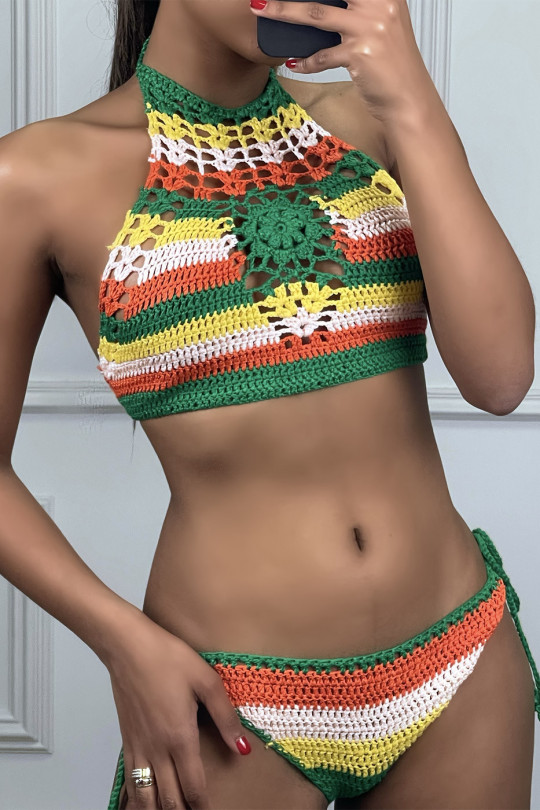 BiBBni in yellow, green and orange striped crochet and backless top - 1