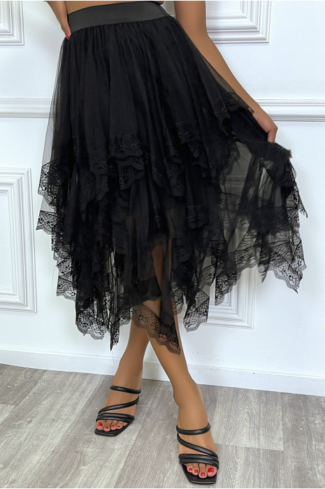 Jupe mi-longue noir en tulle à volants et détails ajourés - 4
