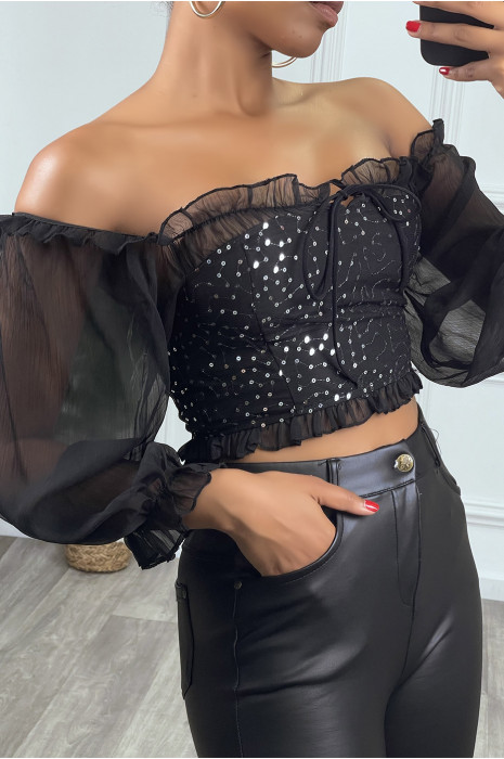 Crop top bustier noir à paillettes à col bateau avec manches longues bouffantes - 4