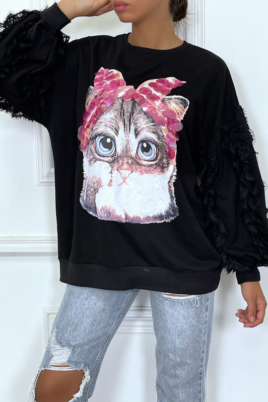 Black long-sleeved sweater with "cat's head" and details in pink sequins and lace - 1