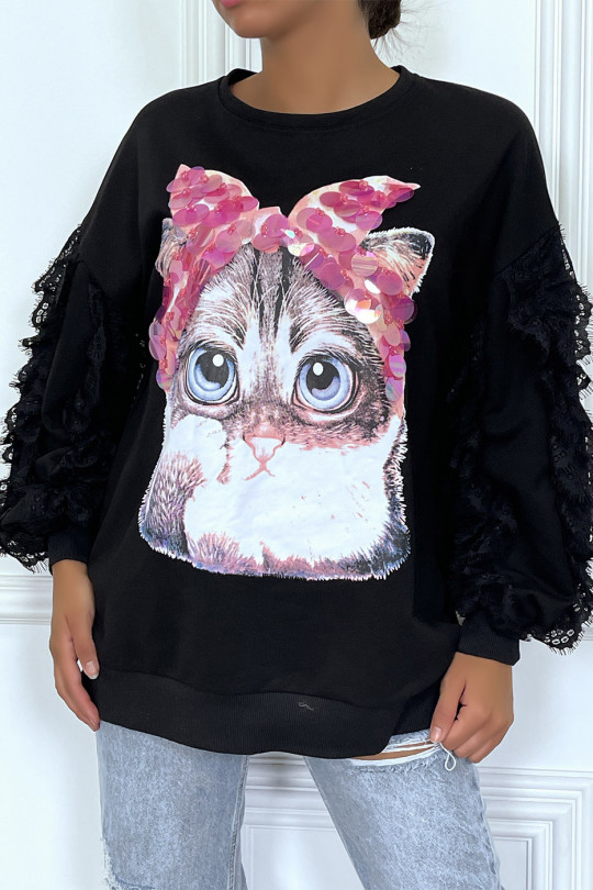 Black long-sleeved sweater with "cat's head" and details in pink sequins and lace - 4