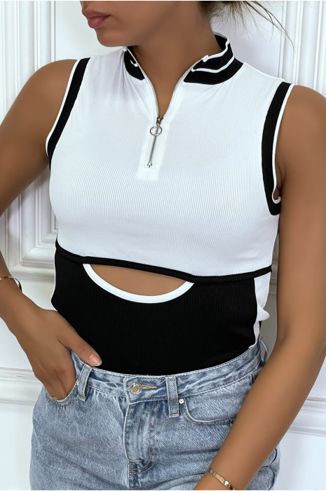 Body côtelé sans manches blanc et noir à col fermeteur éclair - 1