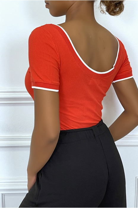 Rode geribbelde bodysuit met ronde hals en korte mouwen - 1