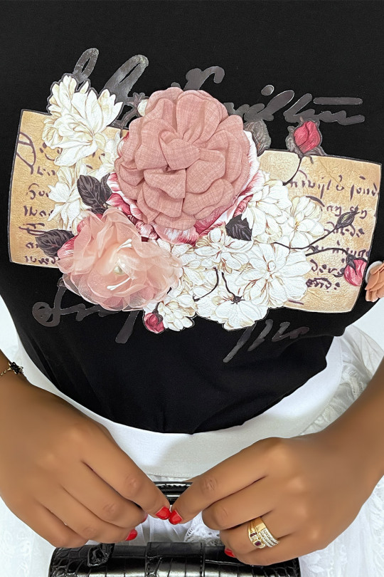 T-shirt noir col rond à manches courtes avec imprimé et fleurs en tulle et tissus - 1