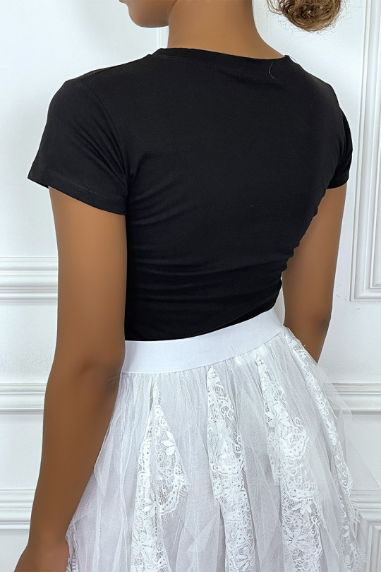 T-shirt noir col rond à manches courtes avec imprimé et fleurs en tulle et tissus - 2