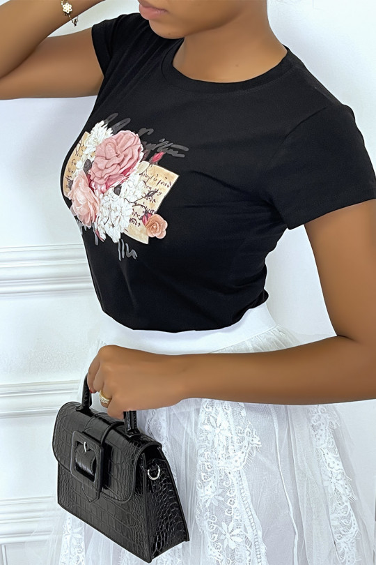 T-shirt noir col rond à manches courtes avec imprimé et fleurs en tulle et tissus - 3