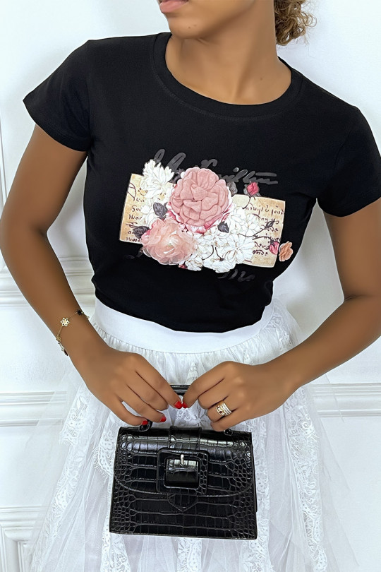 T-shirt noir col rond à manches courtes avec imprimé et fleurs en tulle et tissus - 4