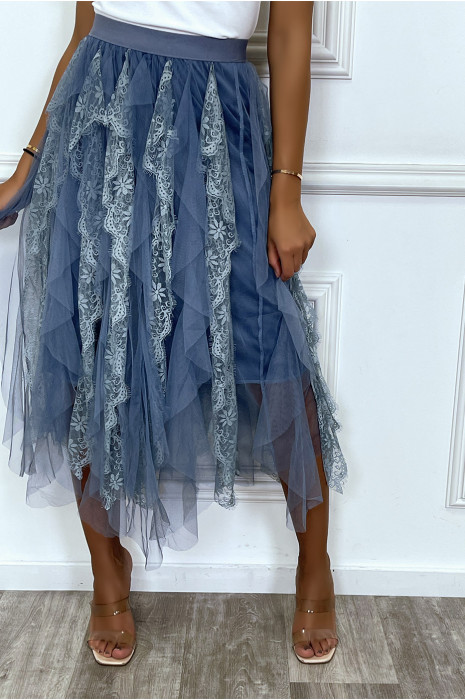 skirts Jupe volants en tulle bleu et d tails dentelle ajour e