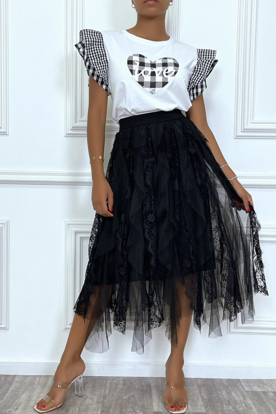 Ruffled skirt in black tulle and openwork lace details - 1
