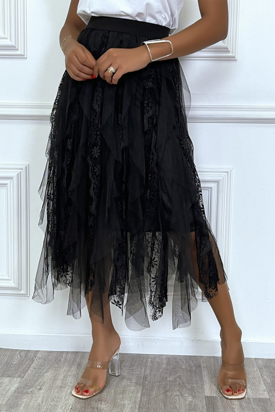Ruffled skirt in black tulle and openwork lace details - 2