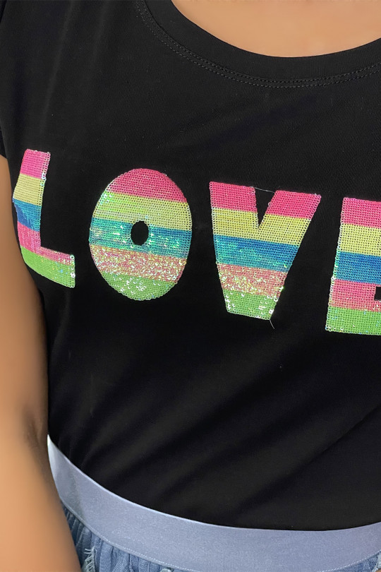 T-shirt noir avec écriture "LOVE" en sequins multicolore à col rond et manches courtes - 2