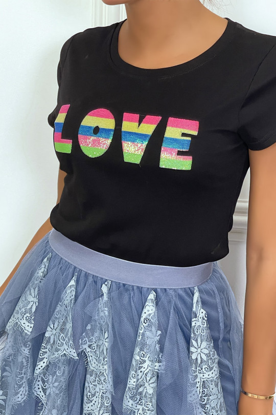 T-shirt noir avec écriture "LOVE" en sequins multicolore à col rond et manches courtes - 3