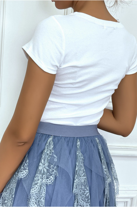 T-shirt blanc avec écriture "LOVE" en sequins multicolore à col rond et manches courtes - 1