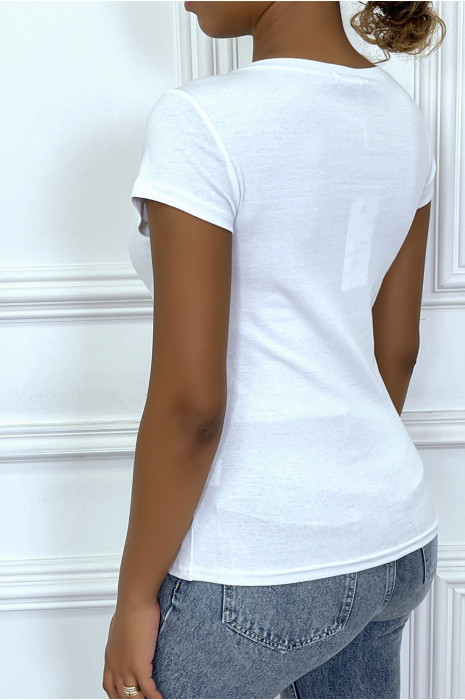 T-shirt blanc avec dessin "pastèque" en sequin à col rond et manches courtes - 3