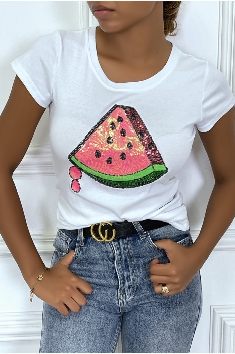 T-shirt blanc avec dessin "pastèque" en sequin à col rond et manches courtes - 2