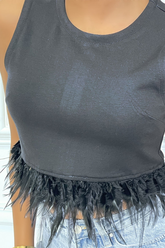 Black crop top with feathers sleeveless round neck - 2