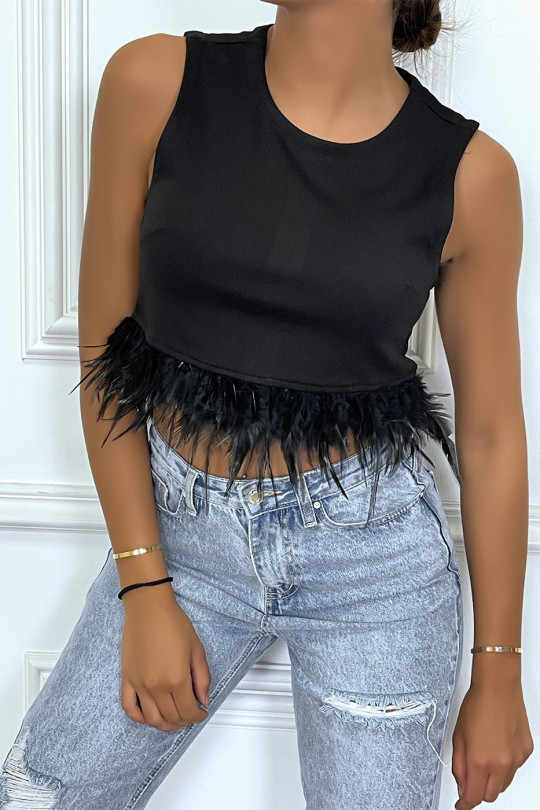 Black crop top with feathers sleeveless round neck - 3
