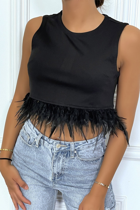 Black crop top with feathers sleeveless round neck - 4