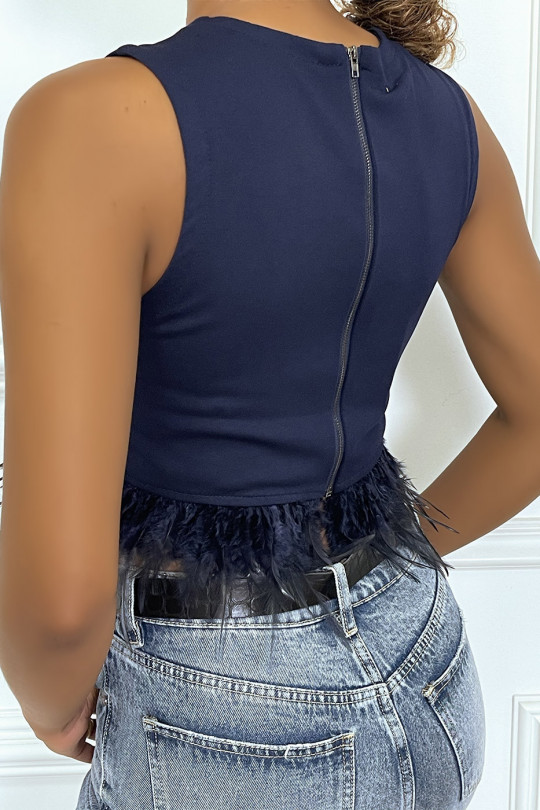 Crop top marine avec plumes sans manches à col rond - 1