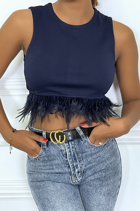 Navy crop top with round neck sleeveless feathers - 2 Navy crop top with round neck sleeveless feathers - 2