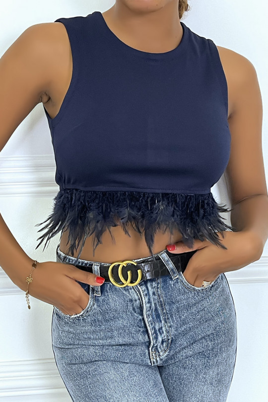 Crop top marine avec plumes sans manches à col rond - 3