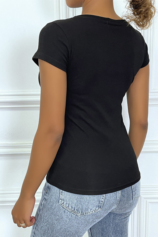 T-shirt noir avec écriture "I LOVE YOU" coeur en sequin fuschia, à manches courtes et col rond - 1