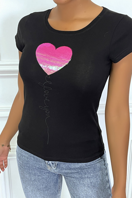 T-shirt noir avec écriture "I LOVE YOU" coeur en sequin fuschia, à manches courtes et col rond - 2
