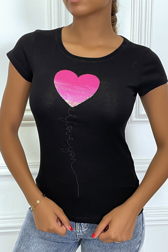 T-shirt noir avec écriture "I LOVE YOU" coeur en sequin fuschia, à manches courtes et col rond - 3