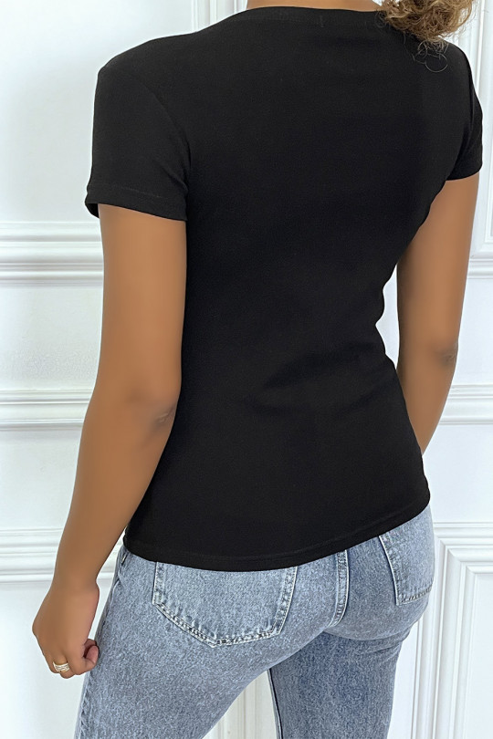 T-shirt noir avec écriture "I LOVE YOU" coeur en sequin orange, à manches courtes et col rond - 1