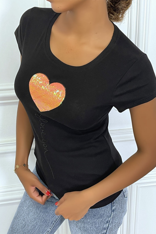 T-shirt noir avec écriture "I LOVE YOU" coeur en sequin orange, à manches courtes et col rond - 2