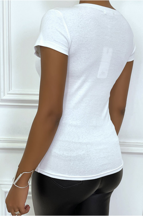 T-shirt blanc avec écriture "I LOVE YOU" coeur en sequin fuschia, à manches courtes et col rond - 1