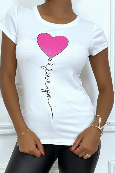 T-shirt blanc avec écriture "I LOVE YOU" coeur en sequin fuschia, à manches courtes et col rond - 3