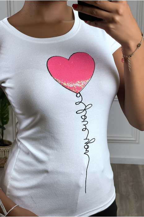 T-shirt blanc avec écriture "I LOVE YOU" coeur en sequin fuschia, à manches courtes et col rond - 5