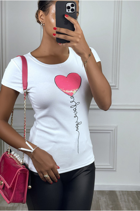 T-shirt blanc avec écriture "I LOVE YOU" coeur en sequin fuschia, à manches courtes et col rond - 6