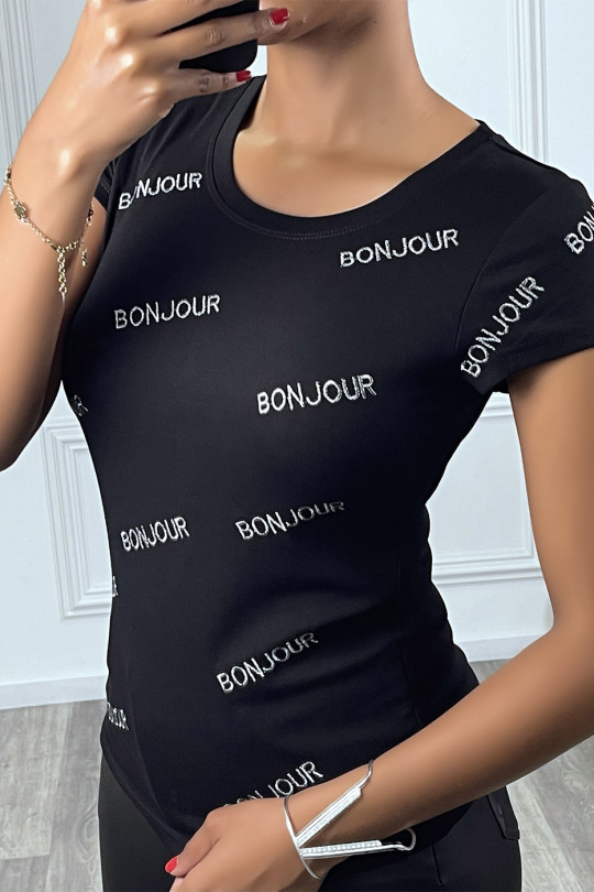 T-shirt noir écriture "BONJOUR" à manches courtes et col rond - 2