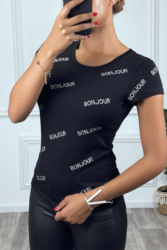 T-shirt noir écriture "BONJOUR" à manches courtes et col rond - 3