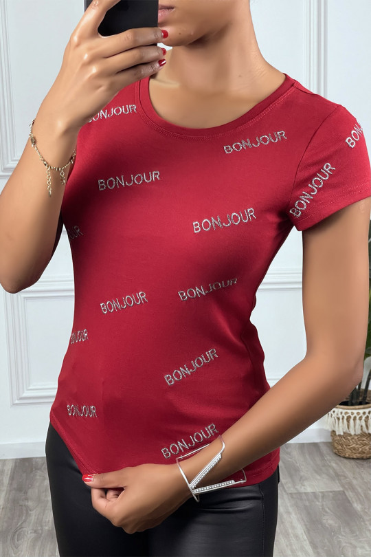 T-shirt bordeaux écriture "BONJOUR" à manches courtes et col rond - 2